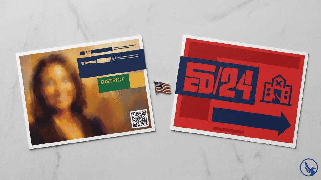 Two EDDM political campaign postcards displayed side by side showing a candidate introduction mailer and a Get Out the Vote closing argument piece for a two-drop direct mail strategy