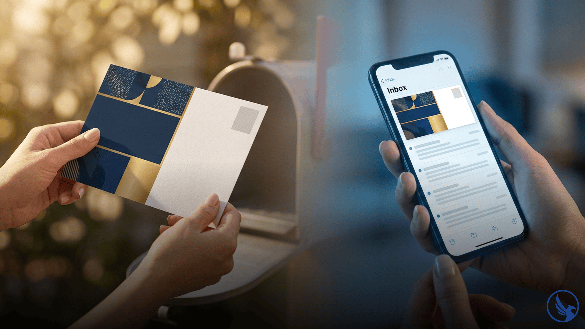 Split-scene cinematic image showing a physical EDDM postcard in a mailbox on the left and a digital Informed Delivery email preview on a smartphone on the right illustrating the combined EDDM vs Informed Delivery omnichannel strategy
