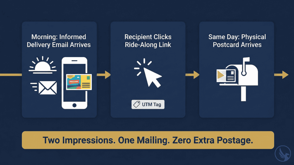 Infographic showing the three-moment Informed Delivery sequence — morning email preview, digital click-through, and physical postcard arrival — illustrating how EDDM vs Informed Delivery works as a combined campaign