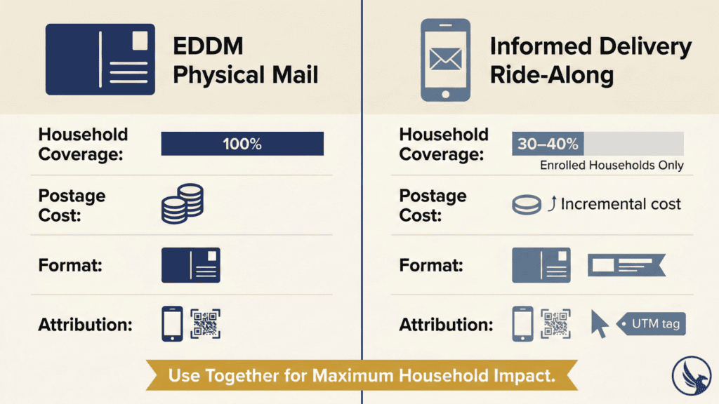 Infographic comparing EDDM physical mail versus Informed Delivery Ride-Along across household coverage, cost, format, and attribution showing how both layers work together