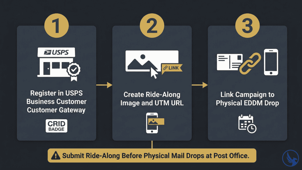 Infographic showing three setup steps for combining EDDM vs Informed Delivery — USPS gateway registration, Ride-Along image creation, and campaign linking — before physical mail submission