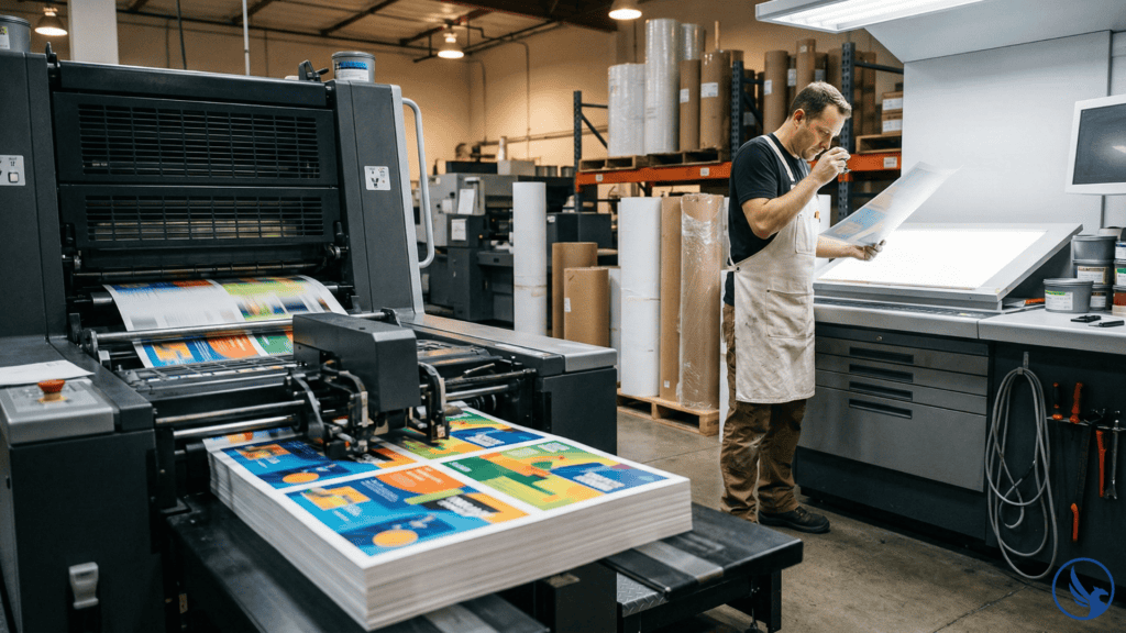 Commercial offset printing press producing EDDM bulk mailing postcards at scale inside a professional print production facility