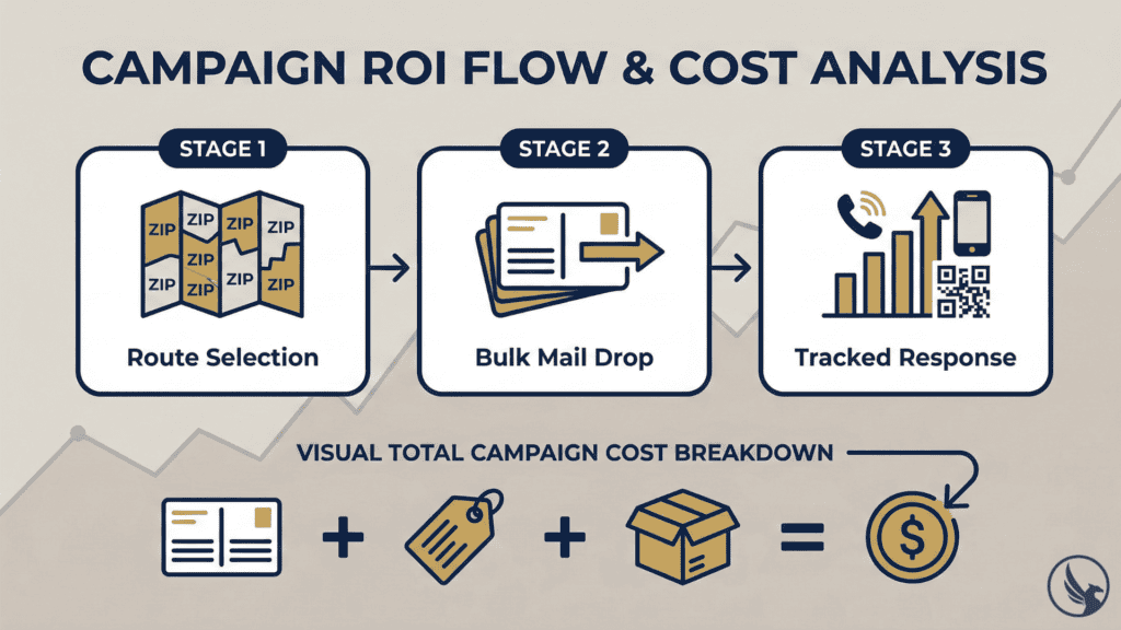 Infographic illustrating EDDM bulk mailing ROI measurement flow from route selection through tracked response and cost-per-acquisition calculation