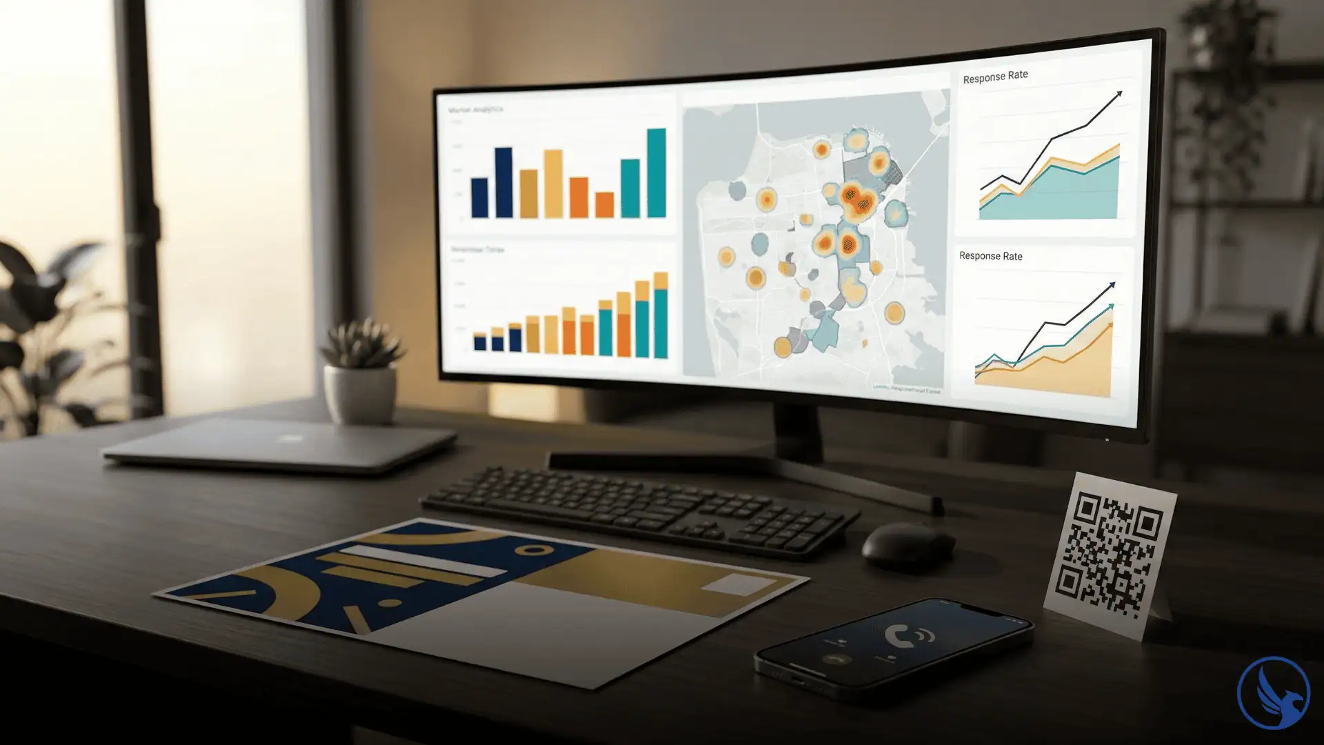 Marketing analyst desk showing EDDM tracking results dashboard with heat map, response charts, printed postcard, and call tracking tools