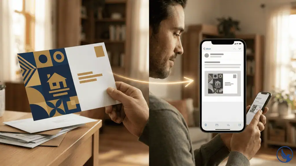 Homeowner receiving EDDM postcard physically and digitally via USPS Informed Delivery showing omnichannel tracking results touchpoints