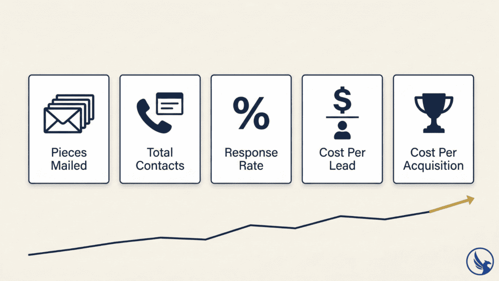 Infographic showing five core EDDM tracking results metrics — pieces mailed, total contacts, response rate, cost per lead, and cost per acquisition — with campaign trend line