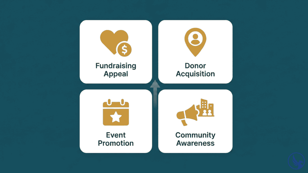 Infographic showing four strategic uses of EDDM for nonprofits — fundraising appeals, donor acquisition, event promotion, and community awareness campaigns