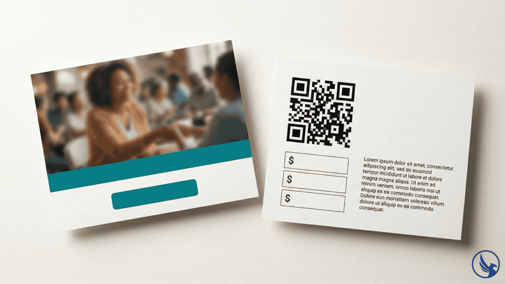 Flat-lay of nonprofit EDDM postcard front and back panels showing emotional storytelling design and donation response zone layout