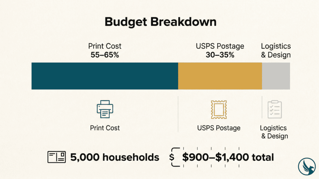 Infographic showing nonprofit EDDM campaign budget breakdown across print cost, USPS postage, and logistics for a 5,000-piece mailing
