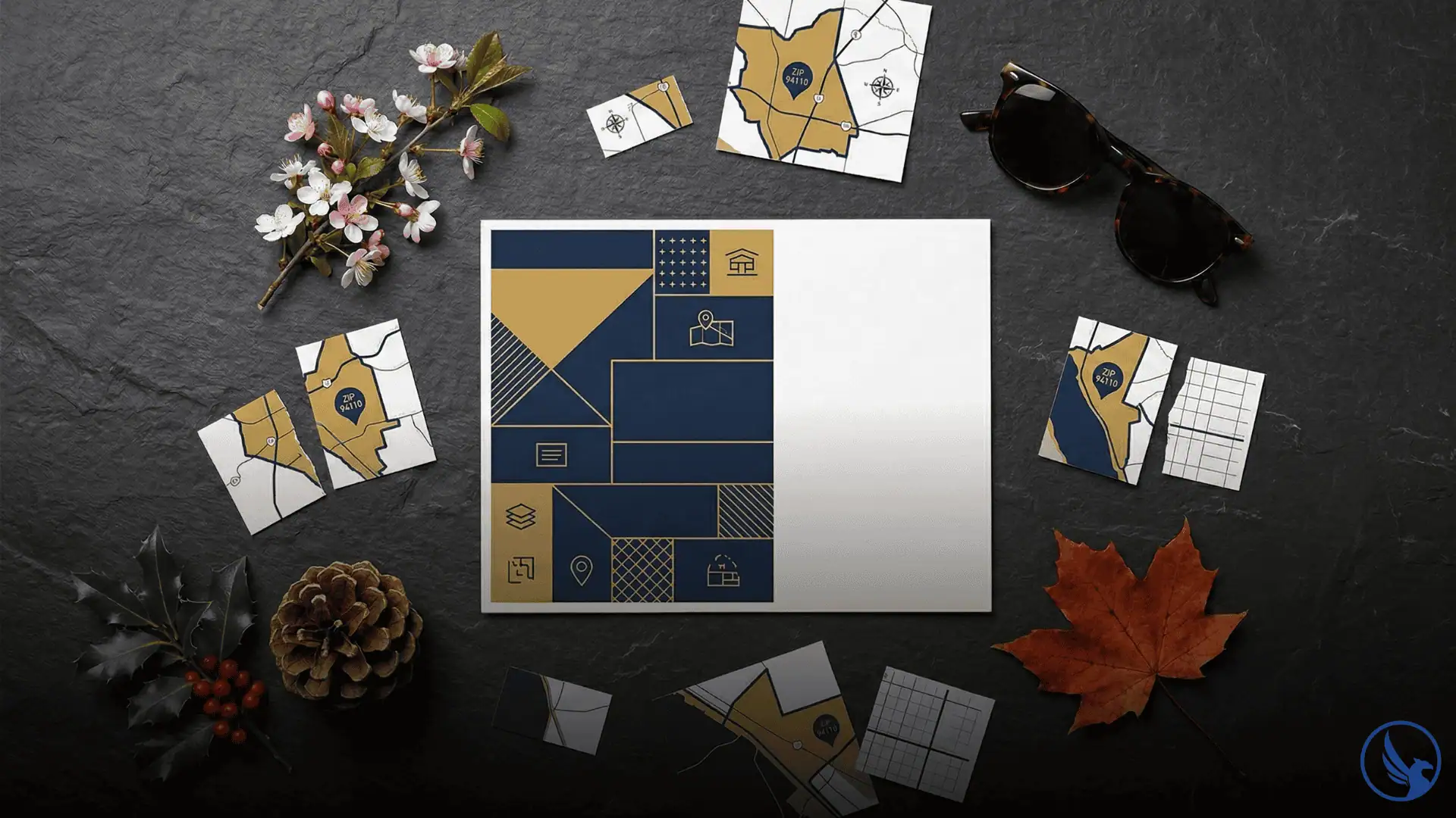 Overhead flat-lay of EDDM postcard surrounded by four seasonal props representing the best time to send EDDM across the annual campaign calendar