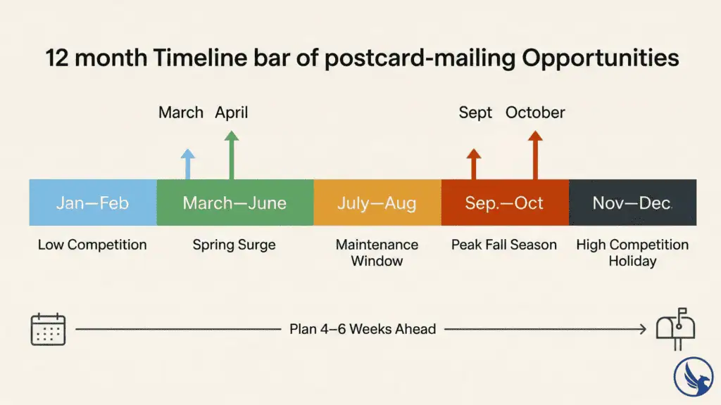 Infographic showing the best time to send EDDM across a 12-month calendar with seasonal competition levels and peak response windows highlighted