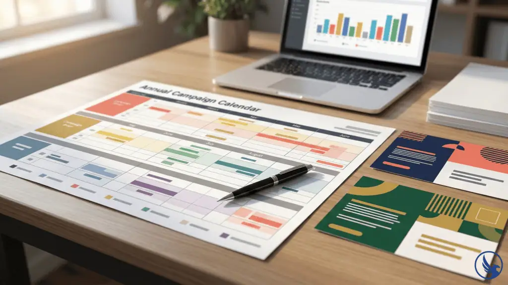 Marketing professional reviewing an annual EDDM campaign calendar alongside printed postcard designs to plan the best time to send EDDM drops throughout the year