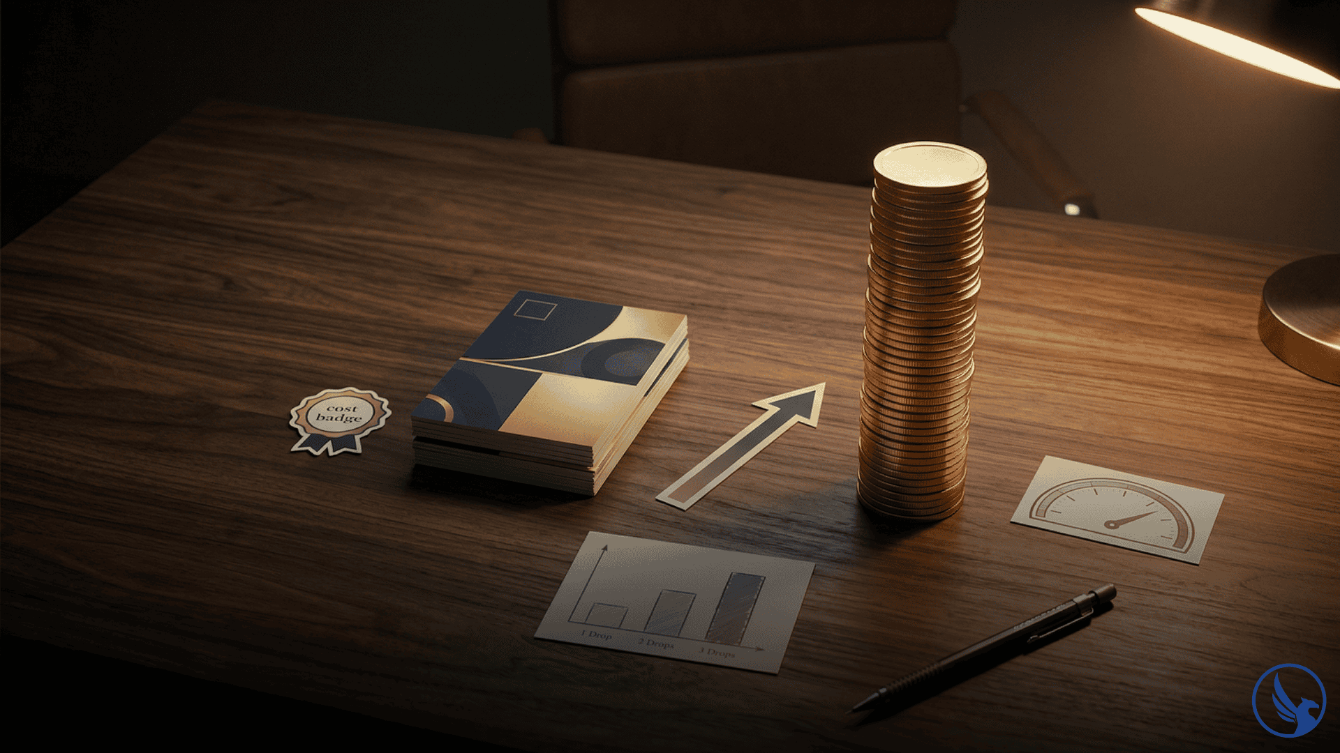Desk showing a modest direct mail postcard stack beside a dramatically taller gold coin return stack with a response rate bar chart and upward arrow illustrating direct mail ROI statistics 2026 compounding investment returns