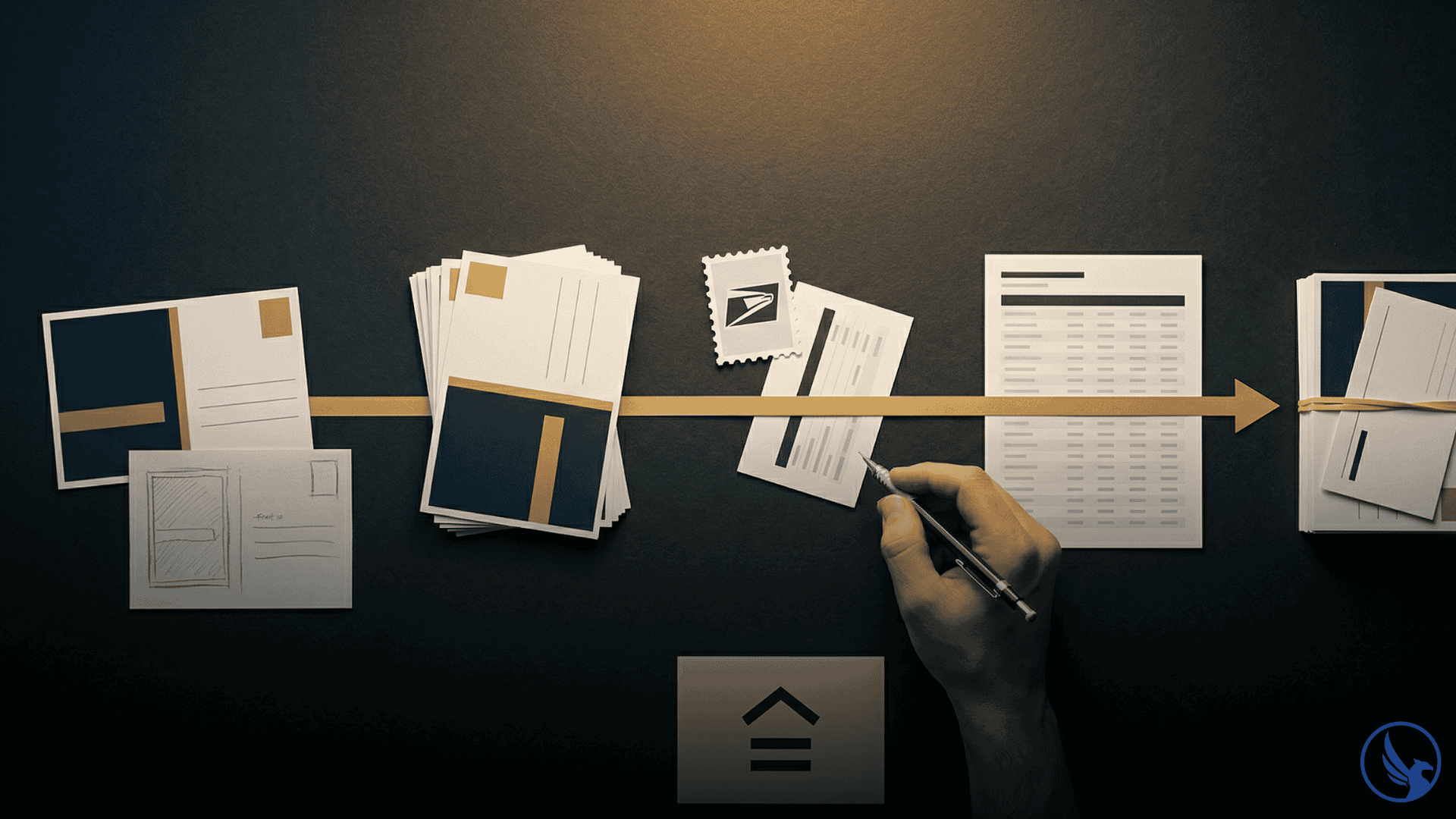 Birds-eye flat-lay showing five direct mail cost per piece components — design, print production, postage, list acquisition, and postal preparation — arranged left to right with a gold connecting arrow and a total budget summary suggesting complete 2026 campaign cost modeling
