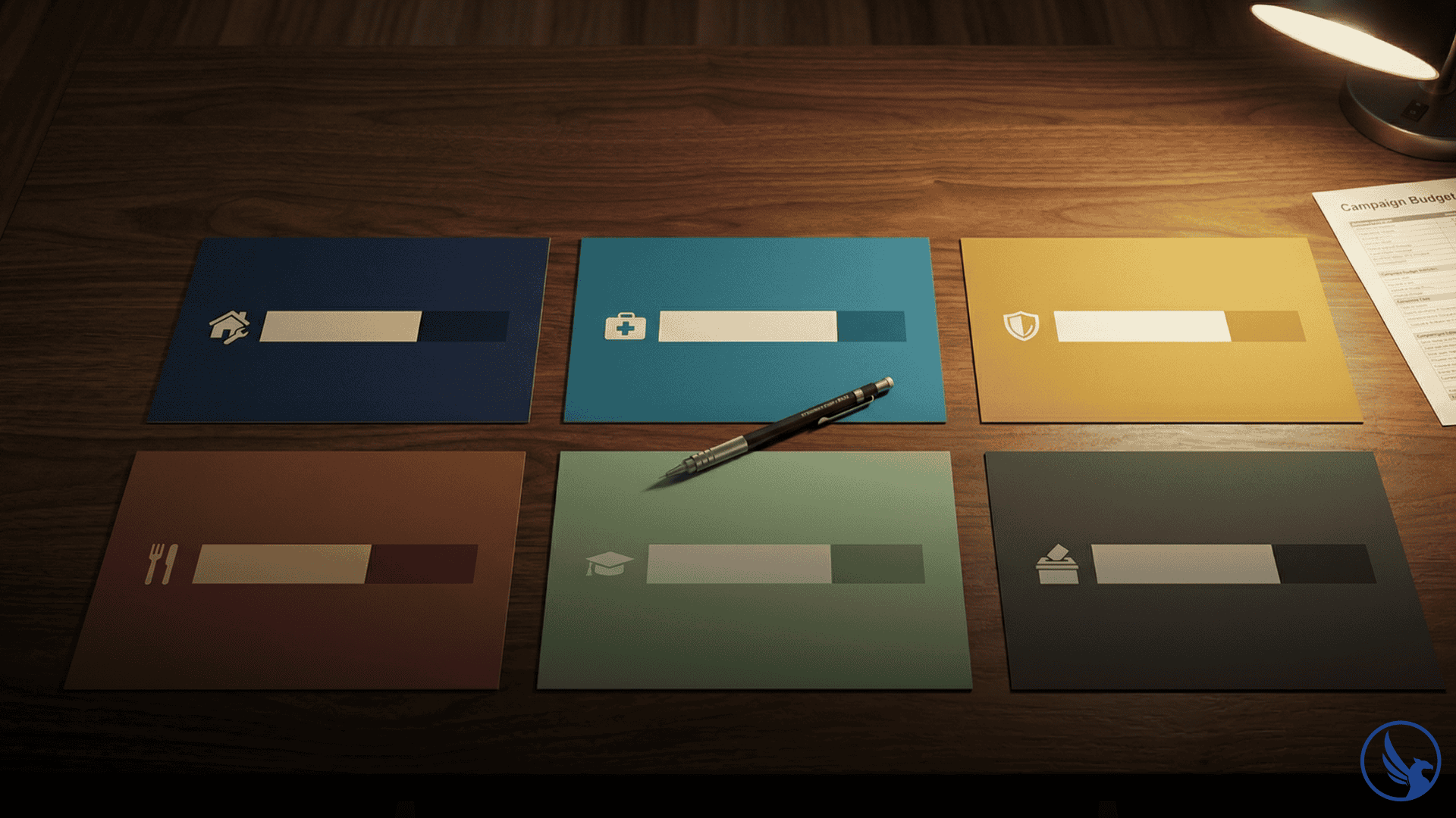 Six color-coded industry response rate reference cards arranged in a two-row grid on a dark desk with response rate bars of varying lengths and a mechanical pencil at center illustrating direct mail response rate by industry benchmarks for 2026 campaign planning