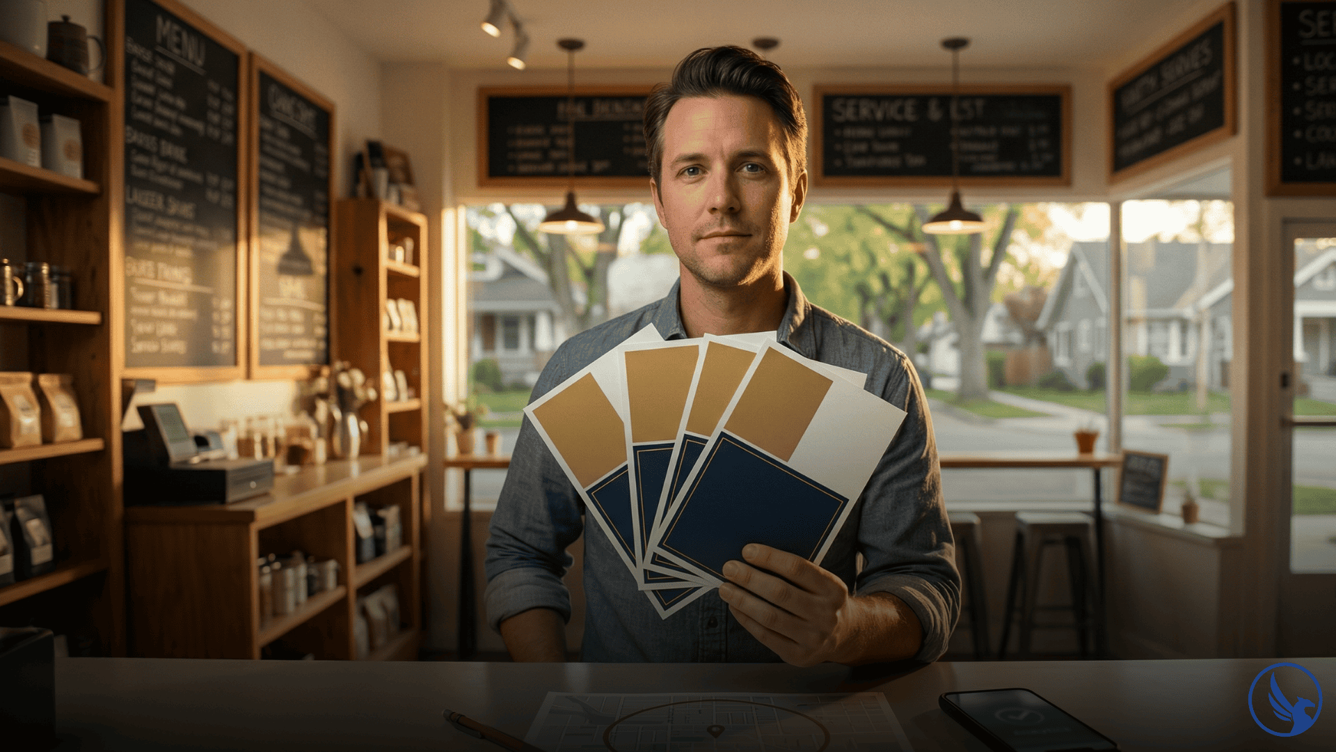 Small business owner standing at their shop counter holding three direct mail postcards fanned outward with a neighborhood map, smartphone analytics, and warm shop interior visible suggesting a confident local direct mail for small business campaign
