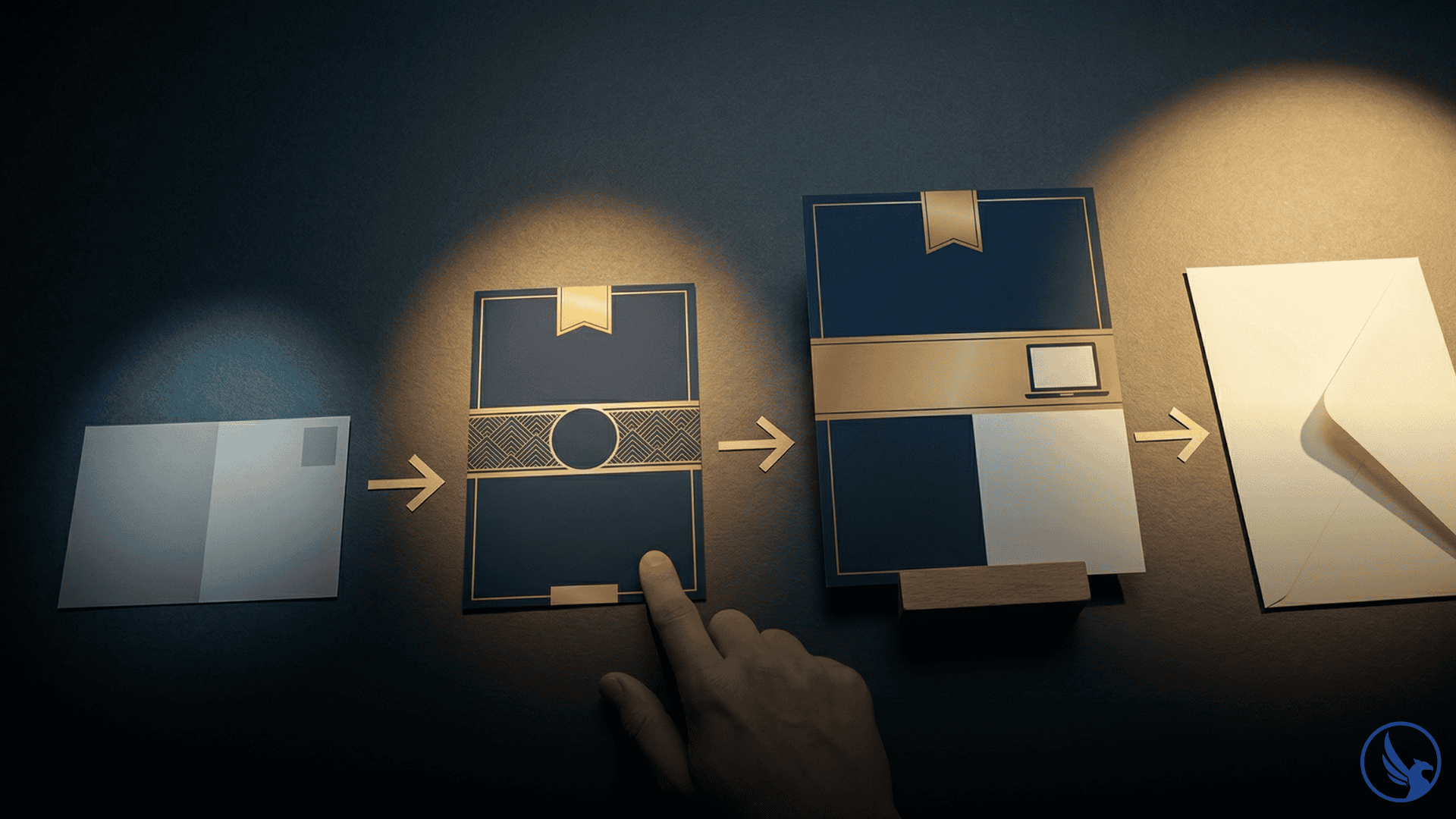 Four direct mail format types arranged left to right in size progression — standard postcard, oversized 6×9, large format, and letter package — with a hand indicating the oversized postcard sweet spot illustrating best direct mail format for response rate selection
