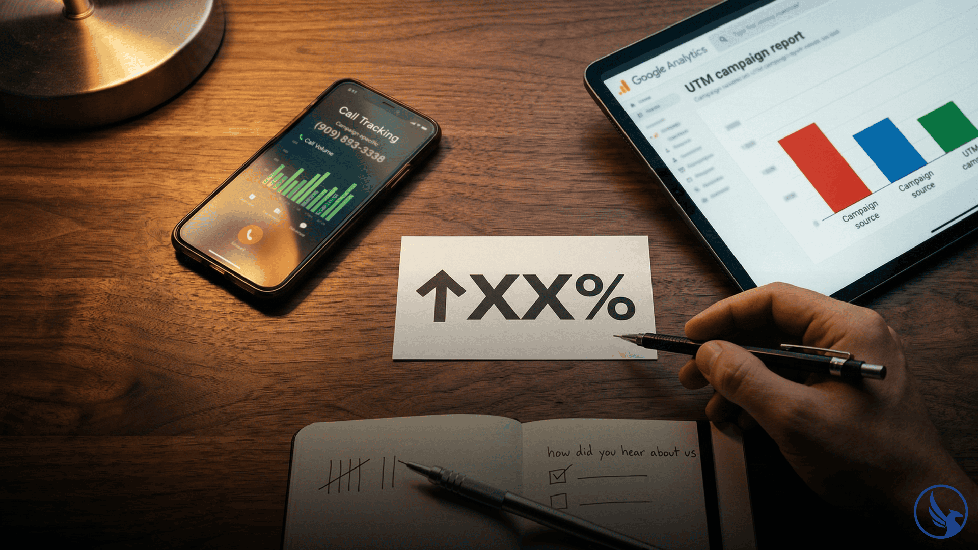 Three direct mail attribution tracking tools — call tracking smartphone, UTM analytics laptop, and intake form notebook — arranged in a triangle around a central response rate metric card illustrating how to measure direct mail ROI with a complete attribution infrastructure