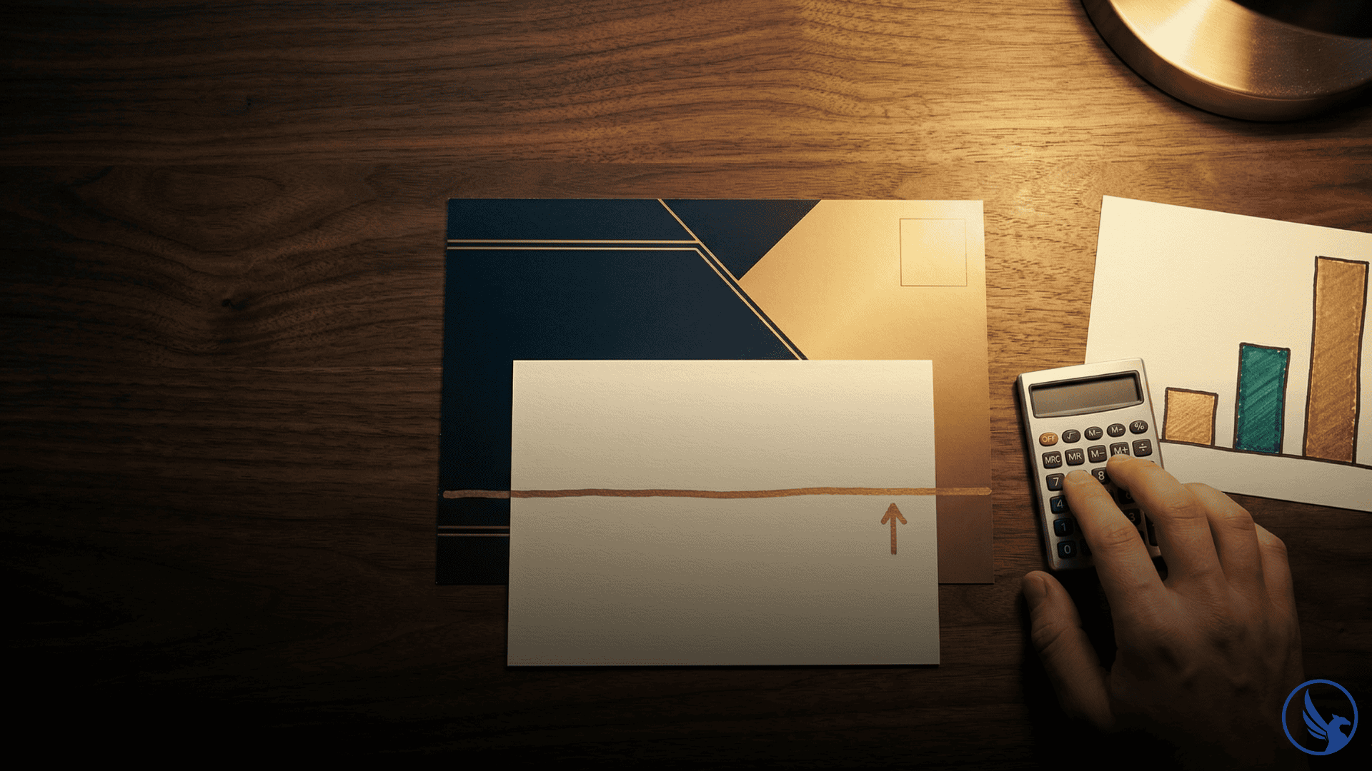 Direct mail postcard on a desk with a threshold line marking the break-even response rate and three bars showing floor, benchmark, and excellent response levels illustrating what is a good response rate for direct mail in 2026
