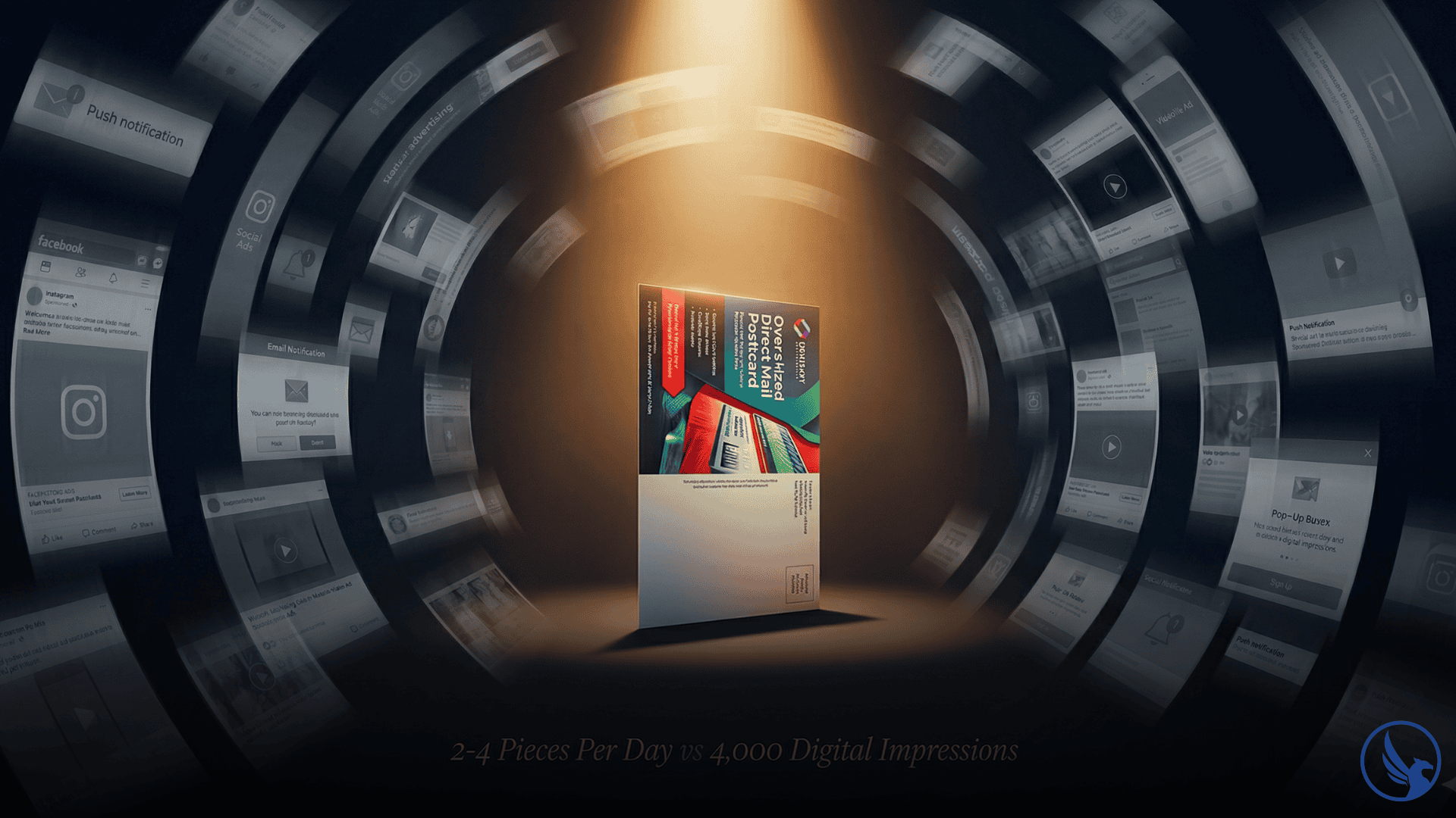 Dramatic visualization showing single glowing direct mail postcard standing out from swirling chaos of faded digital advertising representing 2-4 mail pieces versus 4000 daily digital impressions attention economy