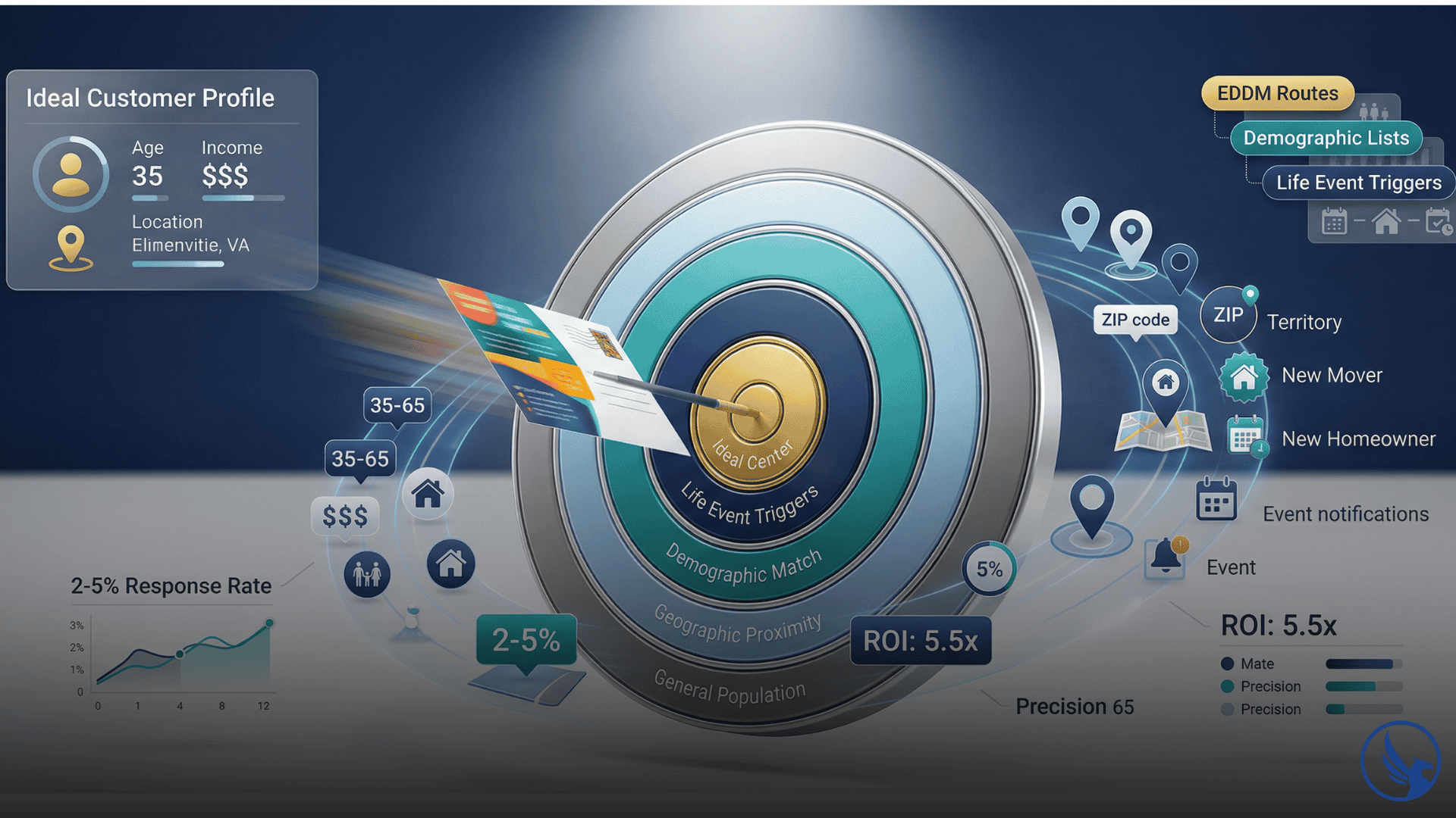 Bullseye target visualization with direct mail postcard hitting center showing precision audience targeting with demographic data life event triggers and geographic markers for campaign optimization