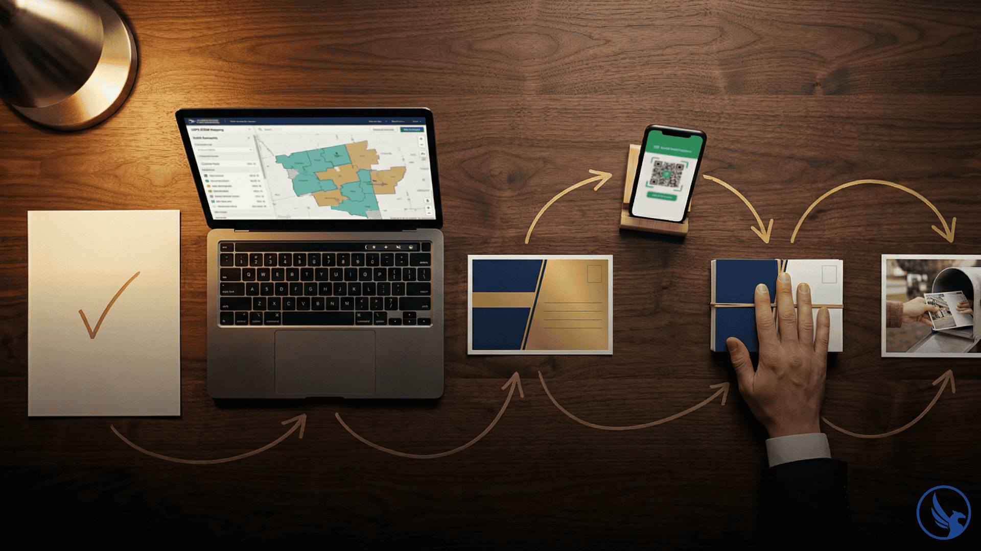 Seven direct mail campaign creation steps arranged left to right across a dark desk — strategic brief, route map, postcard design, QR tracking, printed bundle, and mailbox — connected by a continuous gold arrow showing how to create a direct mail campaign from concept to delivery
