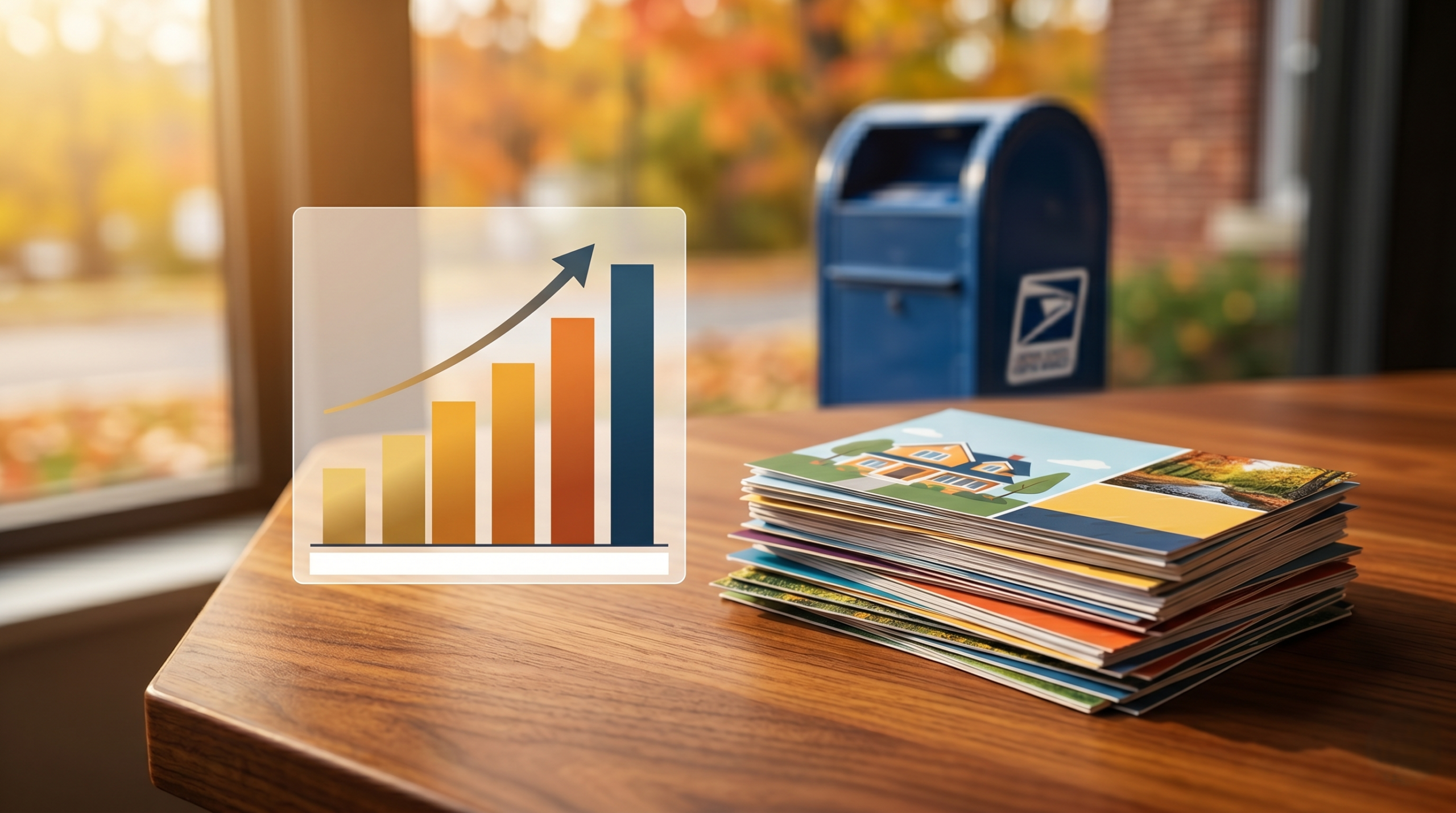 A close-up of a stack of direct mail postcards on a wooden desk, with a clean data chart overlay showing a rising bar graph. Warm, professional photography tone. Hudson Valley autumn light. A USPS mailbox in soft focus in the background. Text space at left for headline overlay. No people. No text in image.