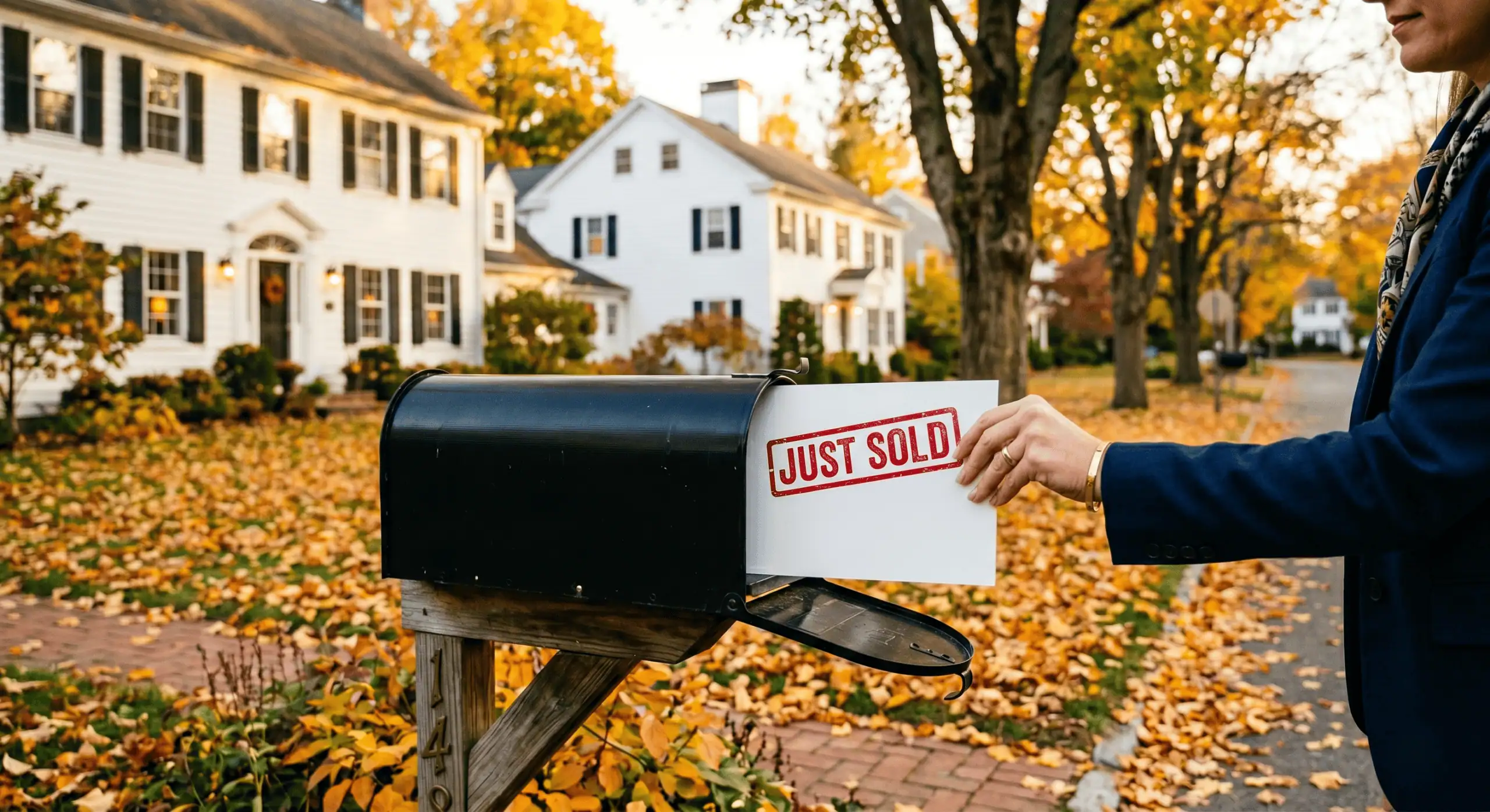 A real estate agent's hand placing a glossy oversized postcard into a residential mailbox on a quiet, tree-lined street in autumn. Warm Hudson Valley light, golden leaves on the ground, white colonial homes in the background. The postcard back is visible, showing a bold "JUST SOLD" stamp in red. Clean, professional, no text. No faces.
