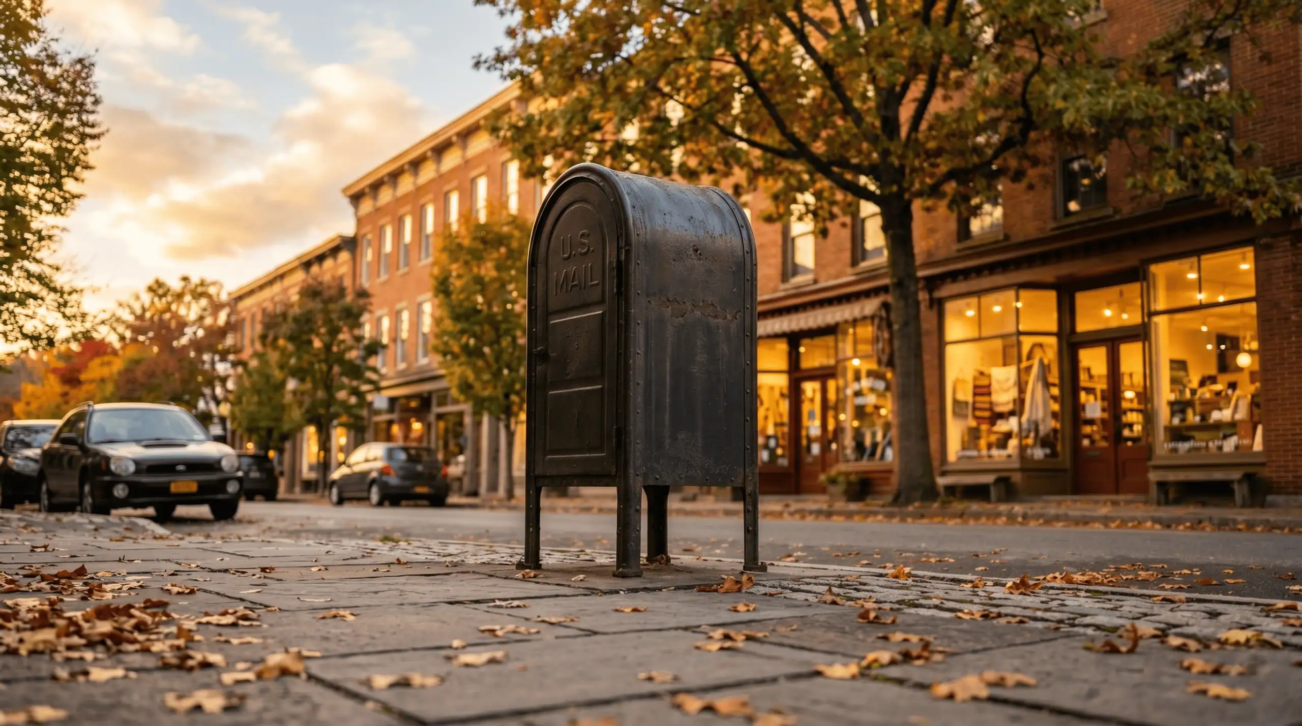 A sunlit, small-town main street in the Hudson Valley, New York, photographed in soft golden-hour light. The scene centers on a row of classic brick-facade retail storefronts — a boutique, a hardware store, a specialty shop — with warm light glowing from their display windows. In the foreground, a traditional cast-iron curbside mailbox stands on the sidewalk, slightly weathered, shot at a low angle to give it quiet visual weight. Autumn leaves drift along the sidewalk. The depth of field is shallow, keeping the mailbox sharp and letting the storefronts blur into warm bokeh behind it. No people, no signage text, no mail pieces, no envelopes, no printed materials. Mood is trustworthy, established, and quietly prosperous. Photorealistic, editorial photography style, natural color grading, overcast-to-golden light transition. --ar 16:9