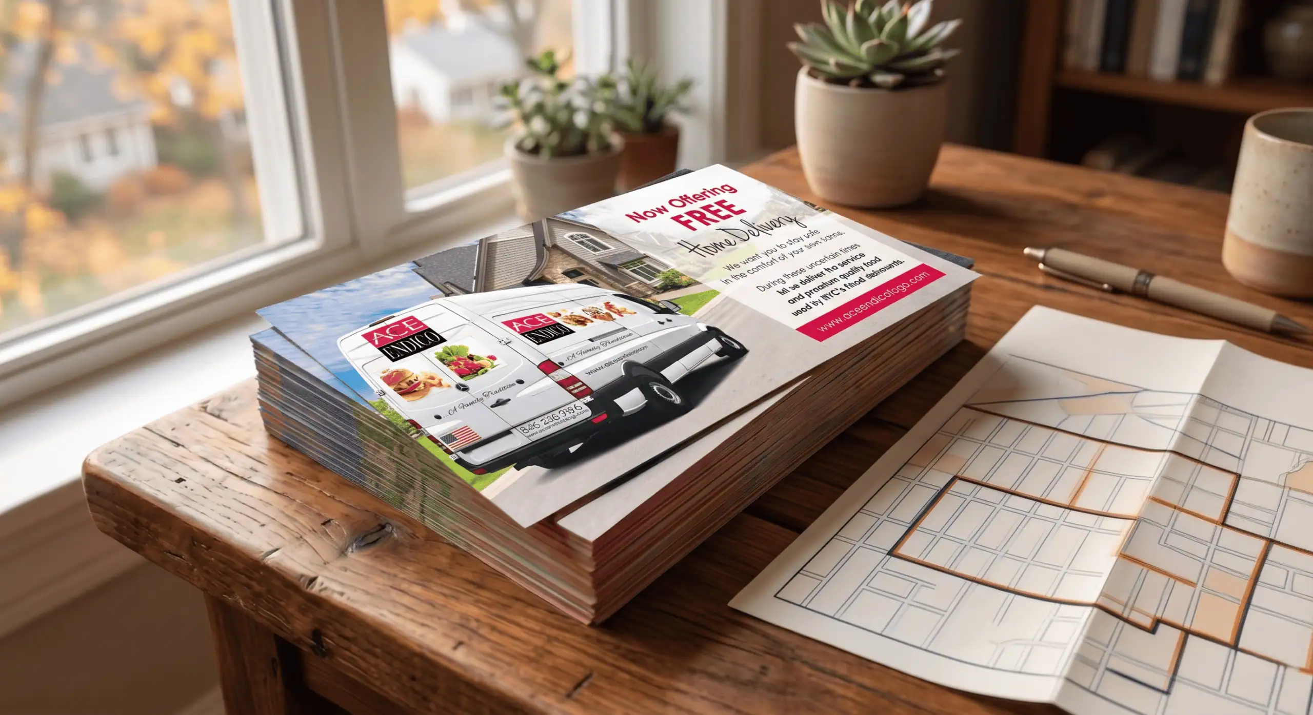 A stack of oversized direct mail postcards featuring bold house and HVAC unit graphics sitting on a wooden desk beside a postal route map, warm natural window light, professional commercial photography style, orange and navy blue color palette, no people, no text overlays, clean and tactile
