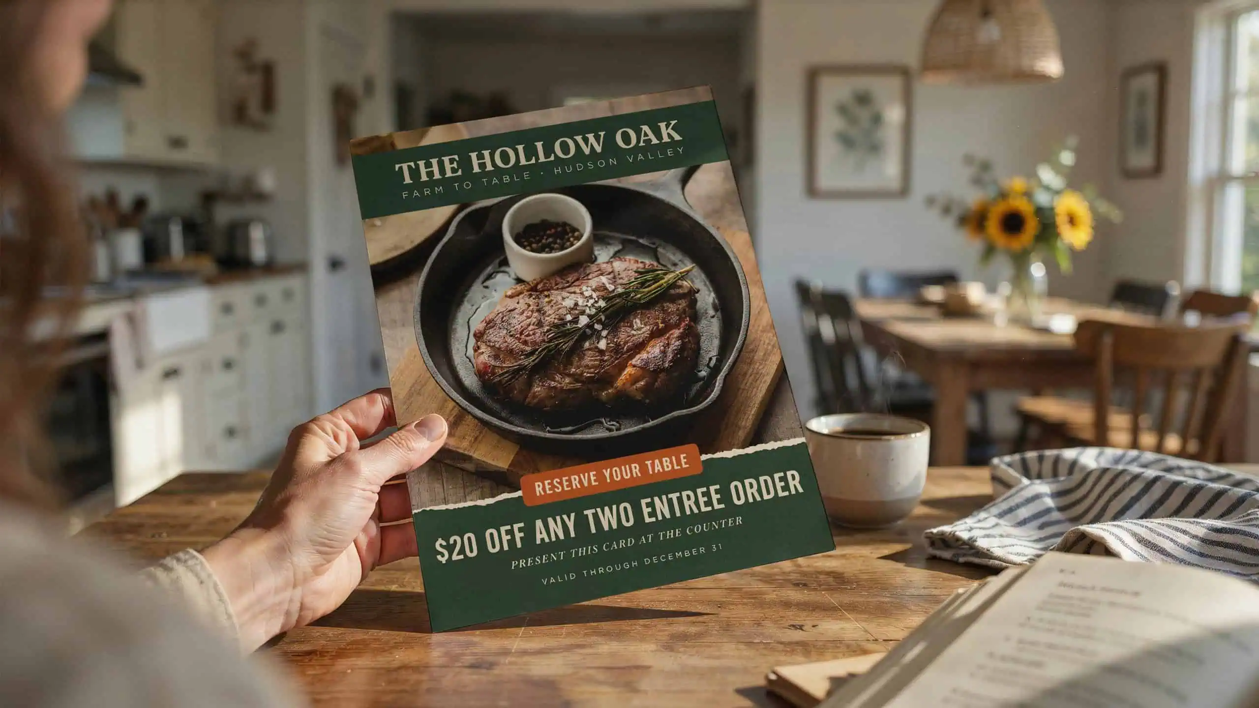 A close-up of an oversized restaurant postcard mailer being held over a wooden kitchen table, the postcard showing bold food photography and a coupon offer, warm natural light coming through a window suggesting a Hudson Valley home, soft focus on a cozy dining room in the background, professional marketing photography, clean and appetizing, no text on postcard